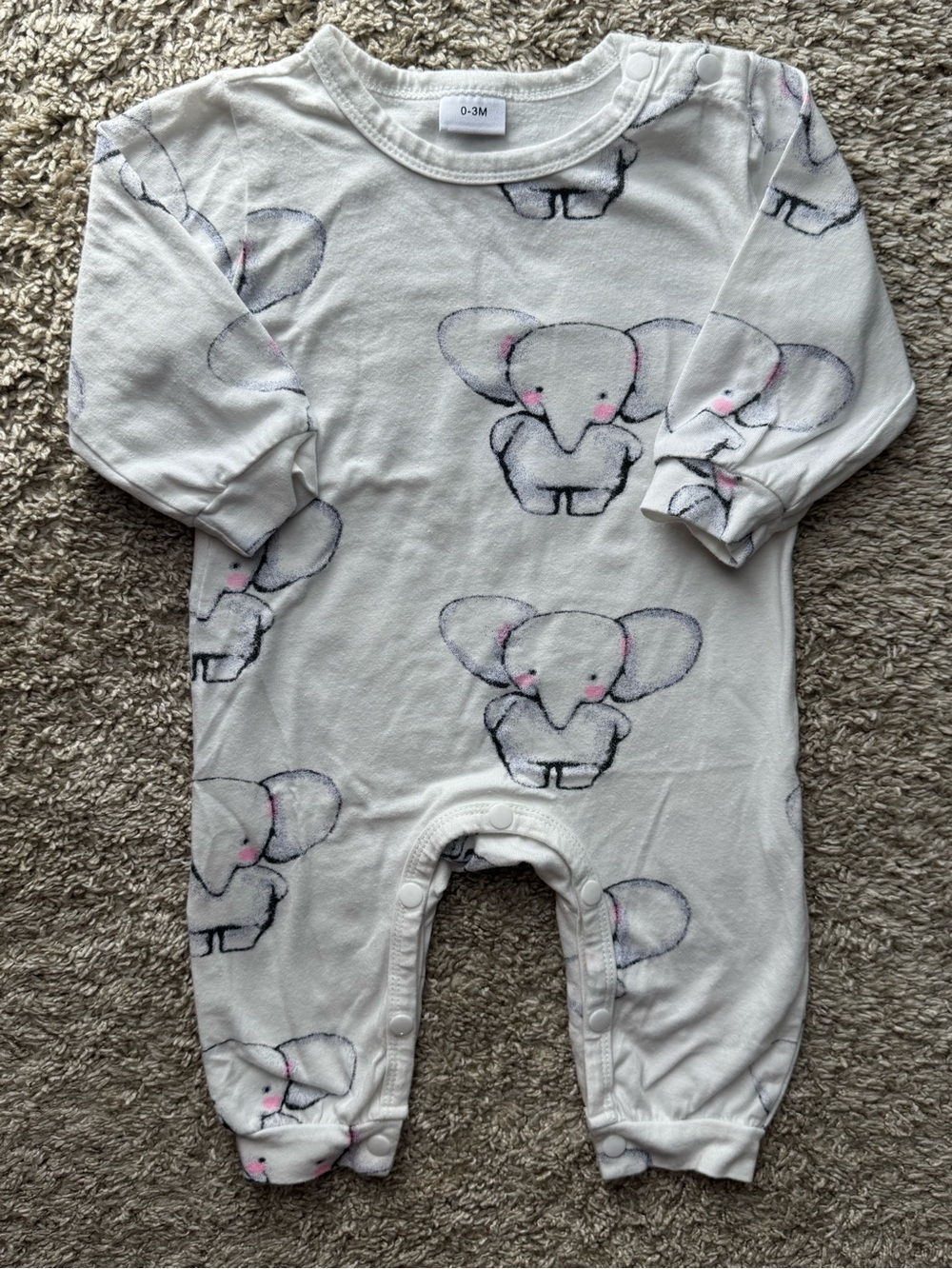 Baby Elephant Print Long Sleeve Romper White One Piece Bodysuit 0-3M